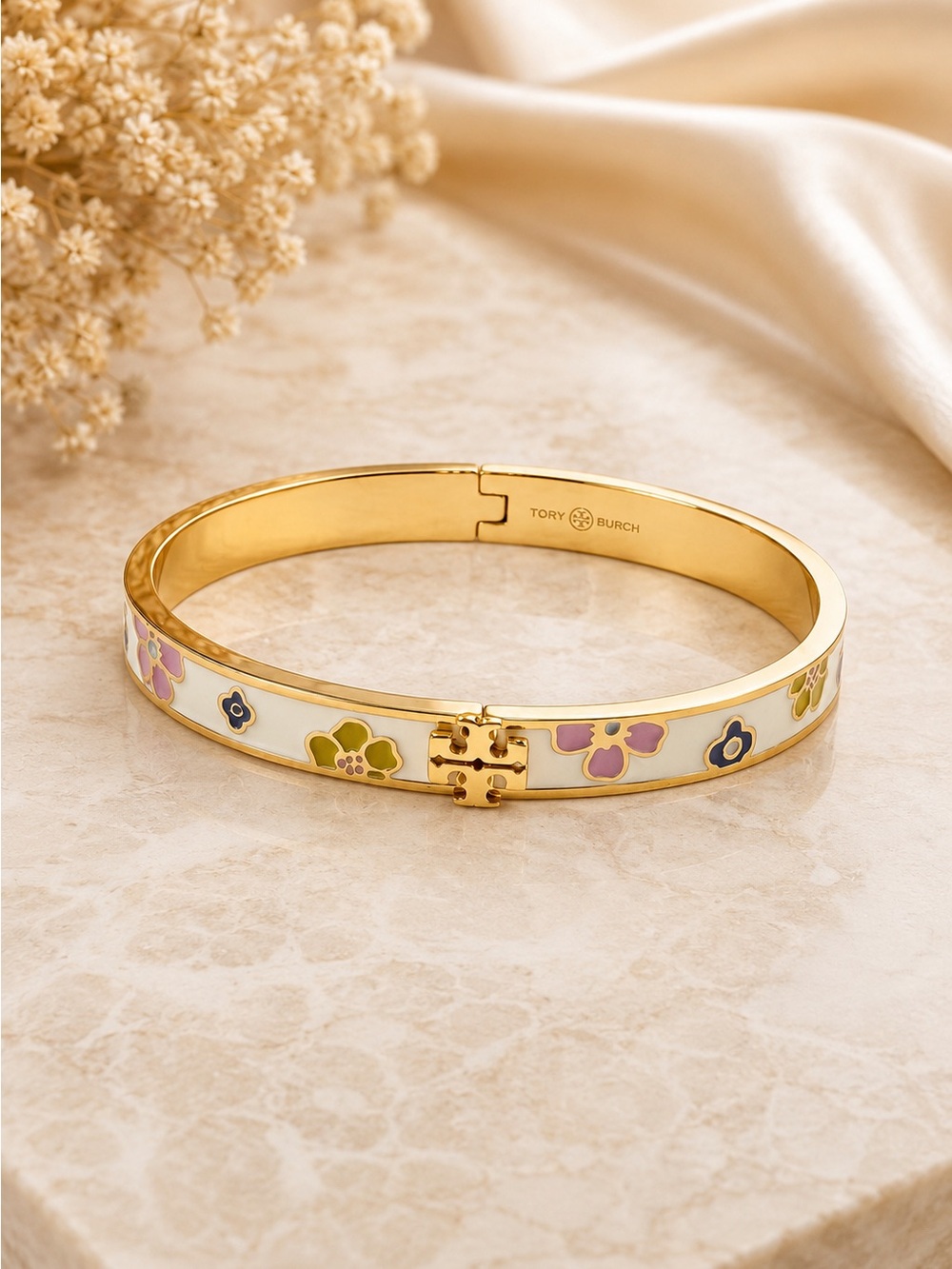 Tory Burch Gold Tone Enamel Floral Hinge Bangle Bracelet